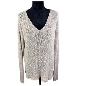 Brandy Melville Womens V-Neck Textured Slub Knit Cotton Sweater Beige One Size